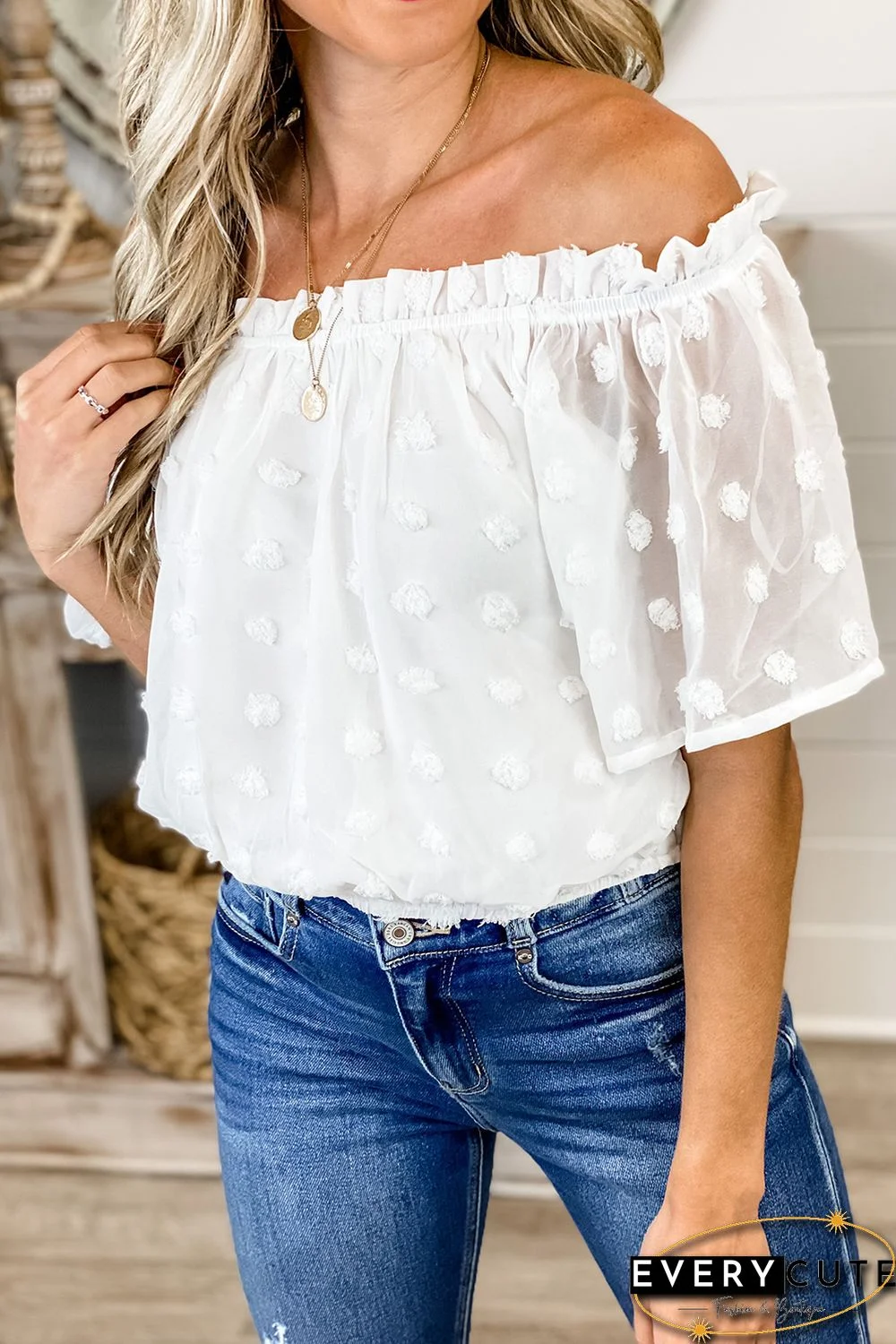 White Off The Shoulder Swiss Dot Crop Blouse