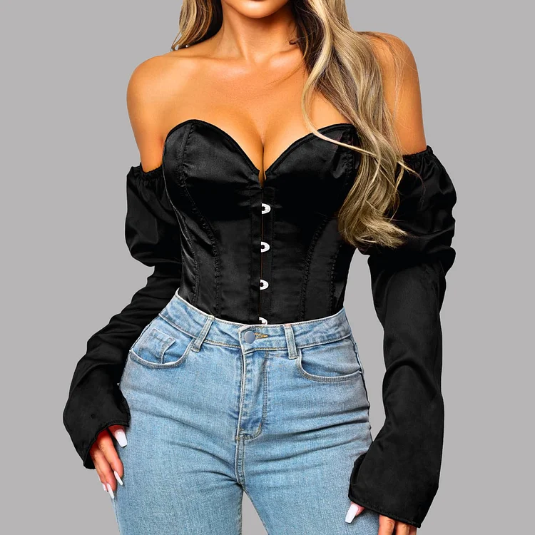 Vintage Satin Off Shoulder Long Sleeve Lace-Up Back Corset Top