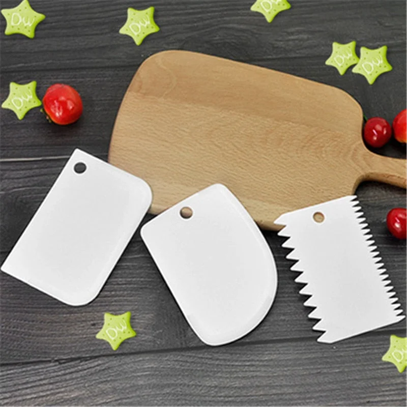 3Pc Baking Pastry Tools Plastic Dough Knife Icing Fondant Scraper Decorating Plain Smooth Jagged Edge Spatulas Cutters Cake Tool