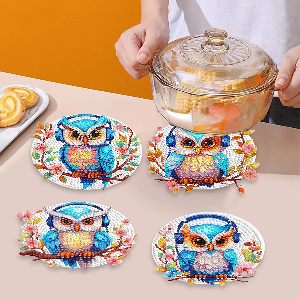 4Pcs Wooden Diamond Painting Placemats Round Diamond Art Table Mats (Owl B)
