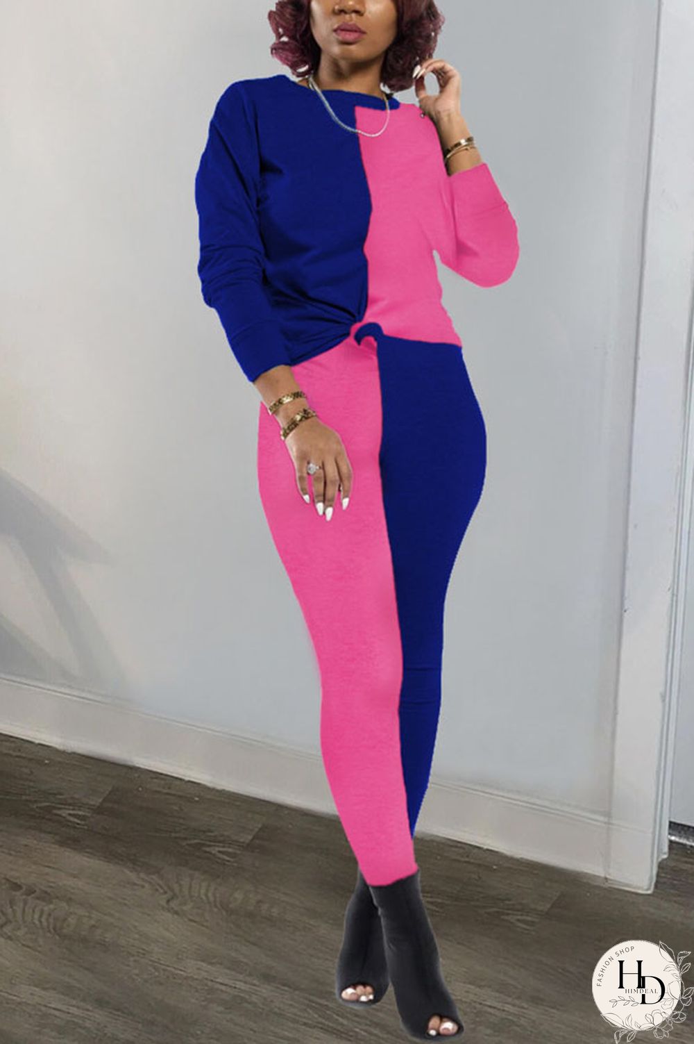 rose red and blue Polyester Sexy Patchwork Solid pencil Long Sleeve Two Pieces