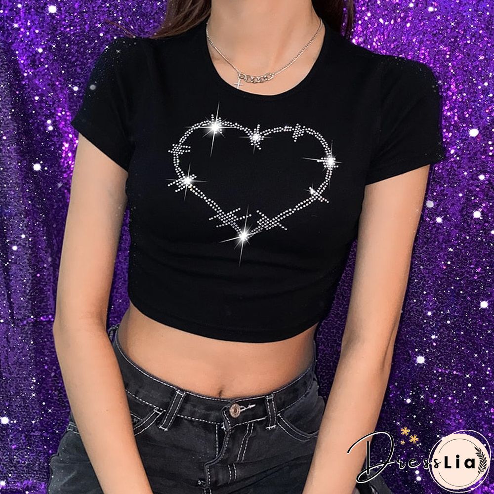 Weekeep Diamonds Patchwork Vintage Slim T-shirt Women Short Sleeve Summer Contrast Harajuku Cropped Tops Cotton Basic Tee Female