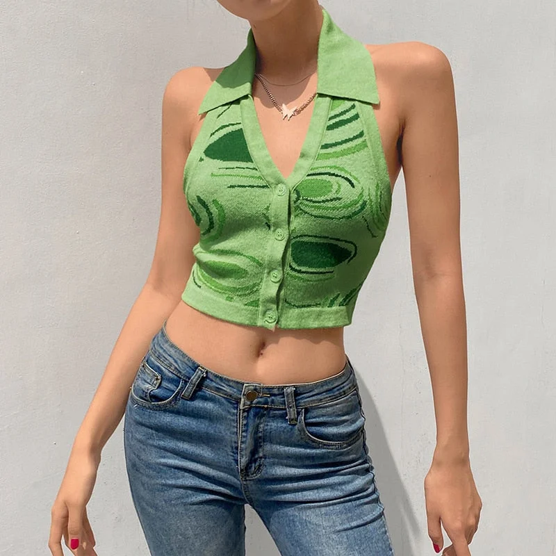 Rapcopter Paisley Green Corset Top Turn Down Collar Knitwear Cute Crop Top Vintage Button Up Camis V Neck Beach Style Tank Tops