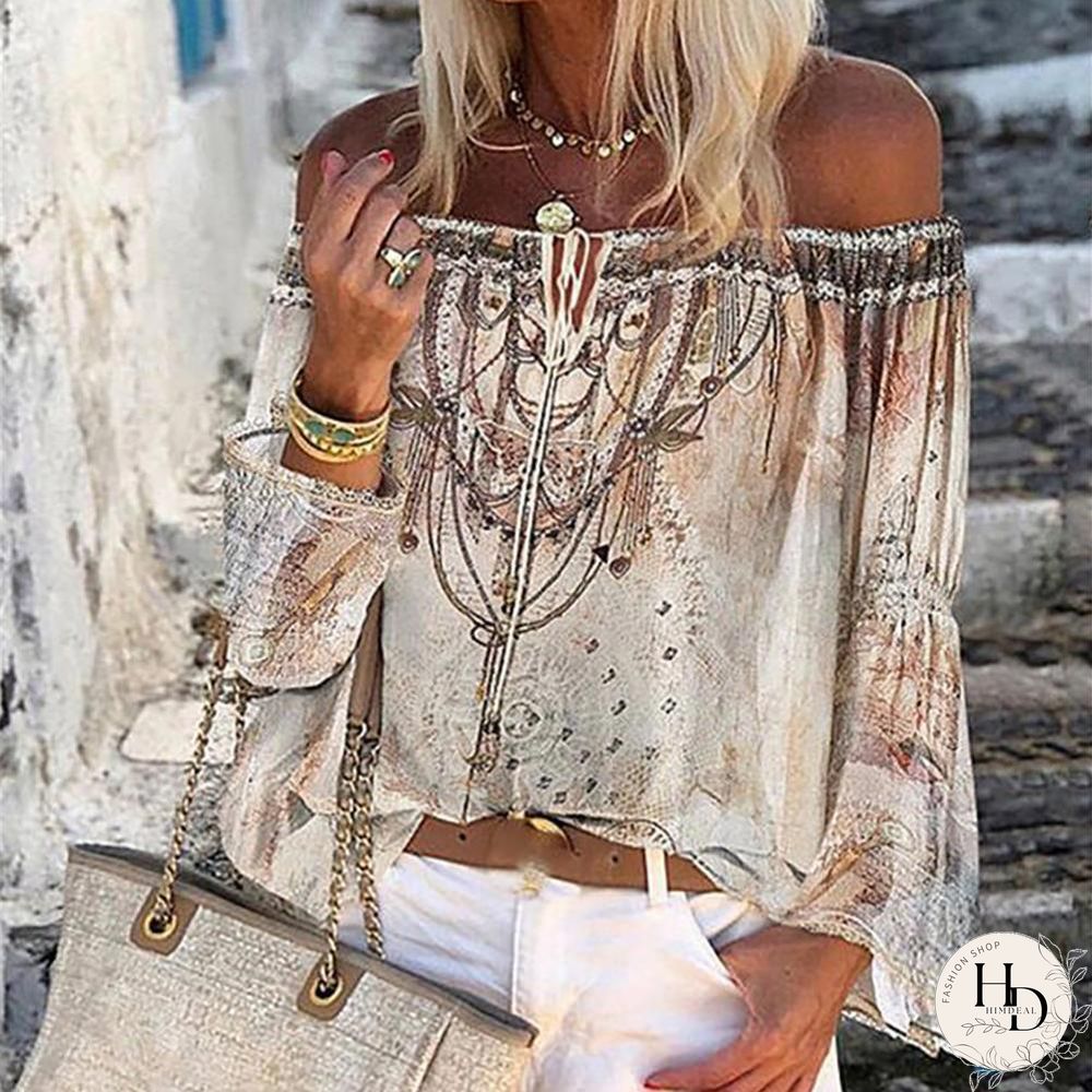 Womens Long Sleeve Off Shoulder Floral Print Hollow Out Lace Blouse Tops Shirts Female