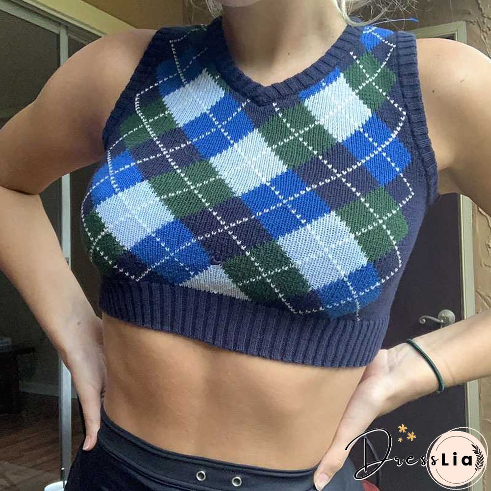 Checkered Cropped Knitted Tank Argyle Sleeveless Jumper