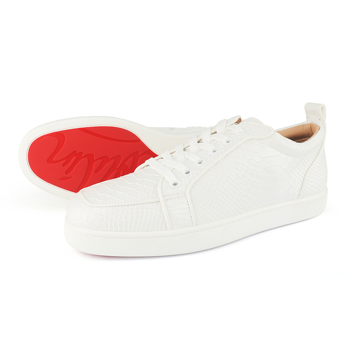 Merumote Gentleman's  White Snakeskins Red Bottom Sneakers Shoes-MERUMOTE