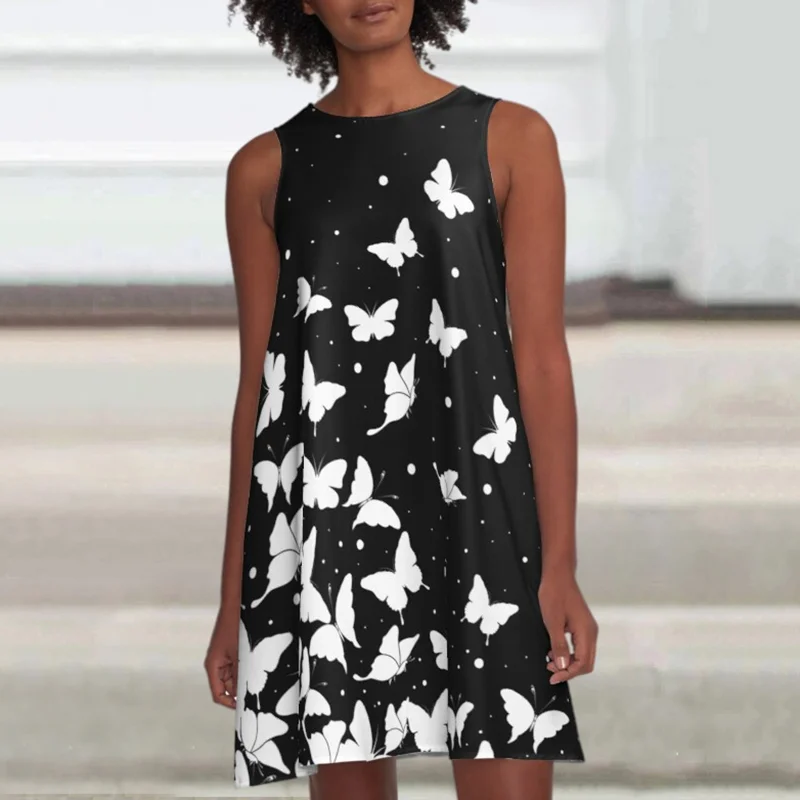 Simple Butterfly Print Sleeveless Mini Dress