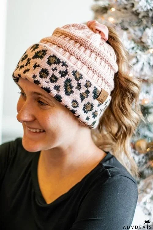 Animal Print Messy Bun Beanie