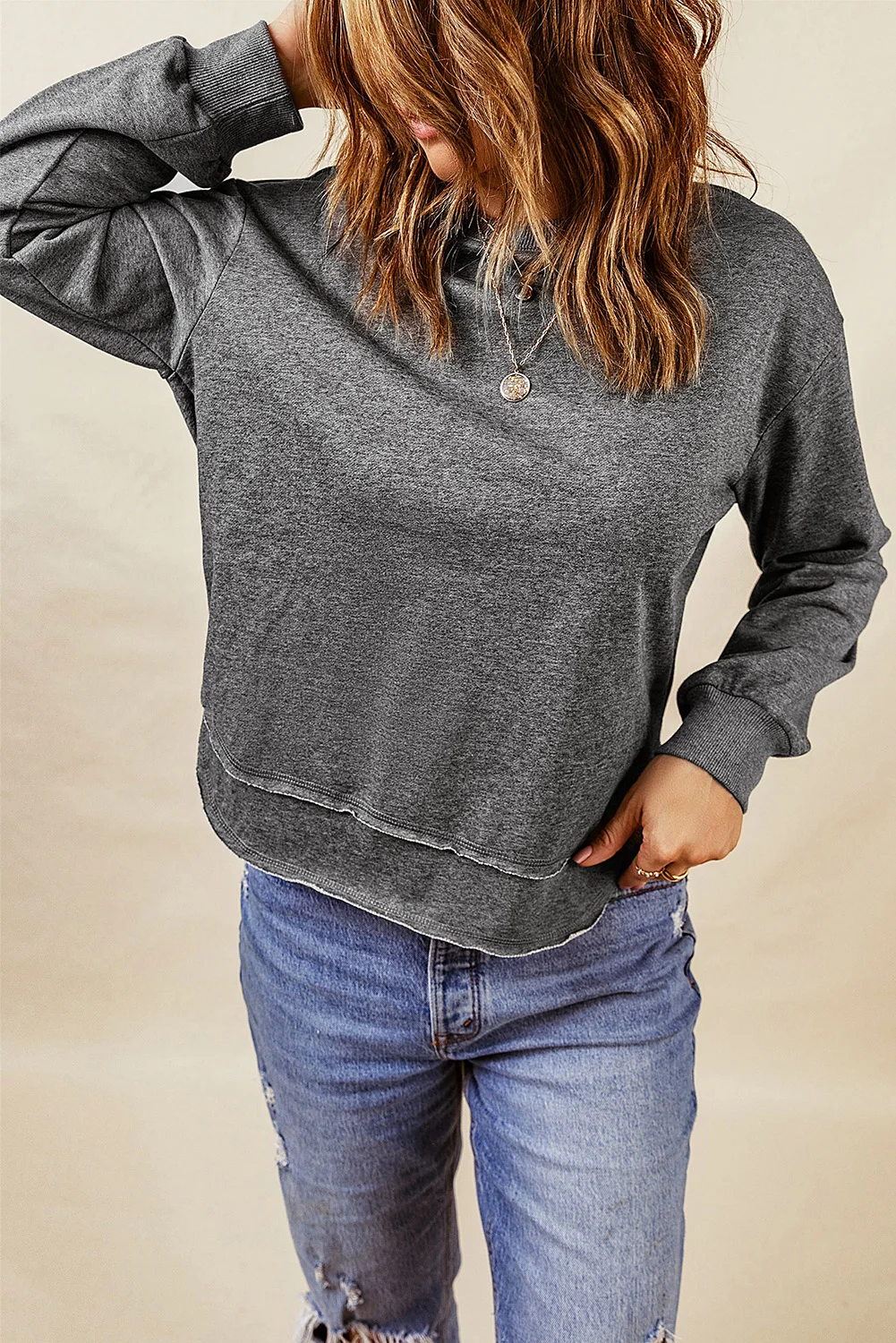Gray Irregular Side Slit Pullover Sweatshirt | IFYHOME