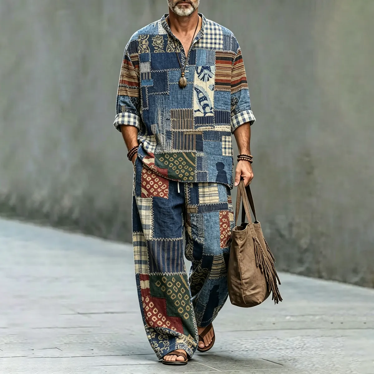 Men's Vintage Japanese Patchwork Art Shirt And Pants Two Piece Set  artssus