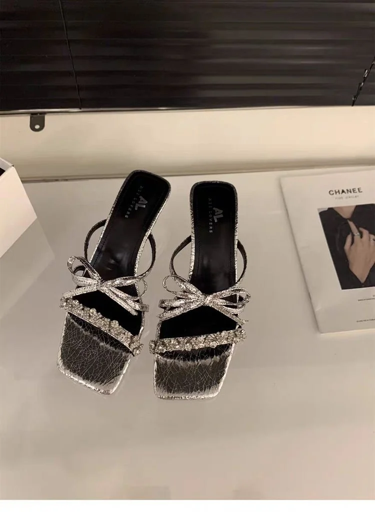 Tanguoant Tanguoant Summer New Fashion Rhinestone Bow One Word High Heel Cool Drag Slippers Women's Shoes