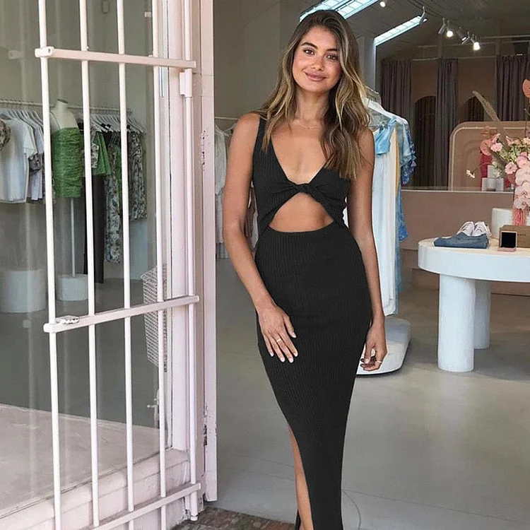 Hugcitar 2020 sleeveless hollow out slit sexy maxi dress summer women fashion streetwear outfits sundress