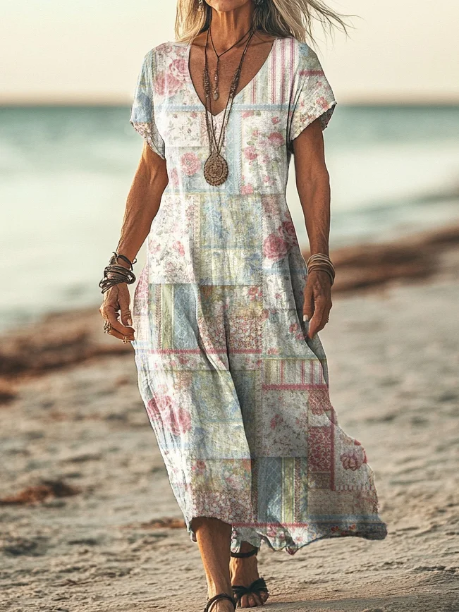 Women's Vintage Ethnic Floral Patchwork Art Print Short Sleeve Pocket Cotton Linen Dress