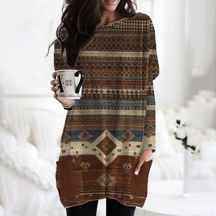 Vefave Vintage Western Print Long Sleeve Tunic