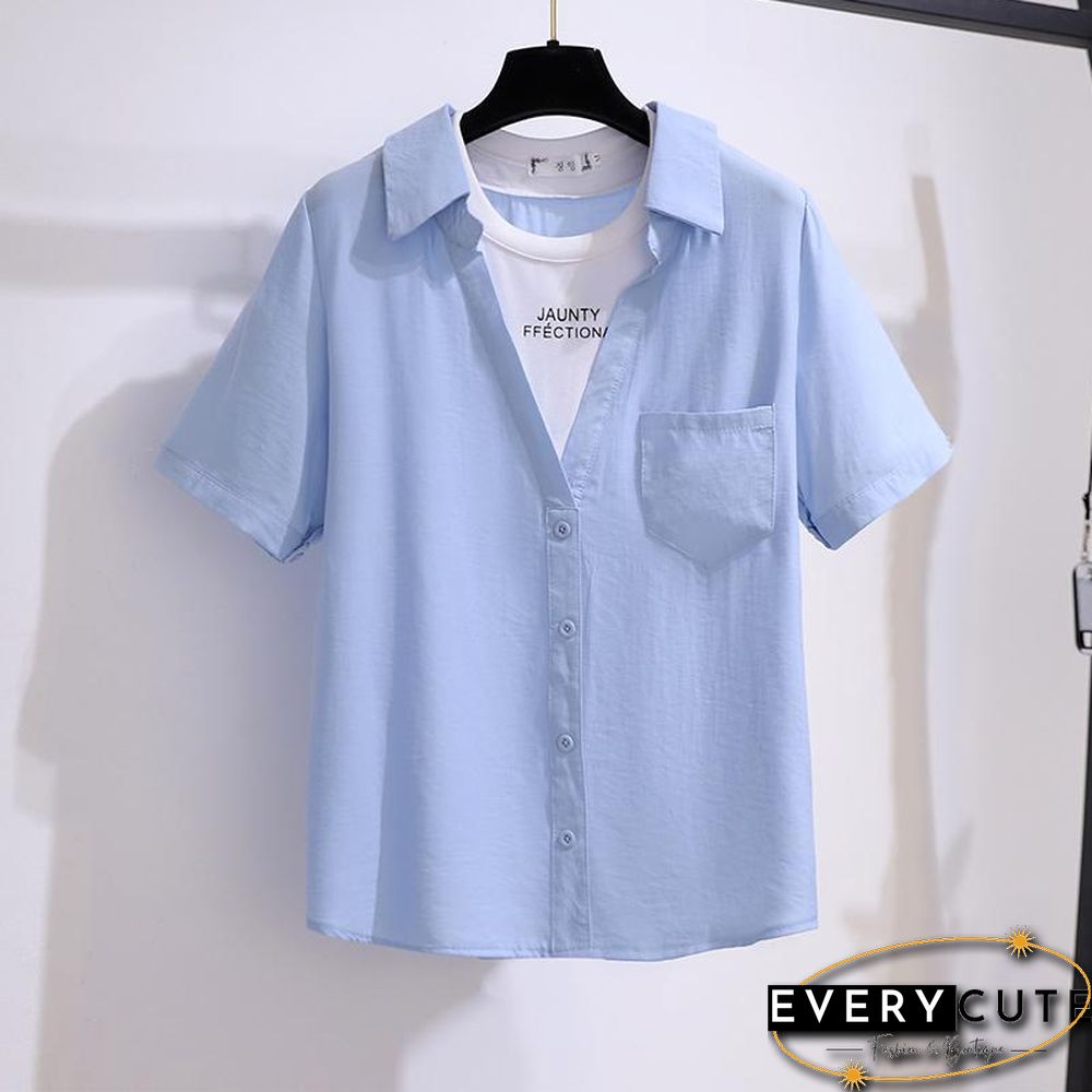 Patchwork Blouse+Hole Denim Shorts P13860