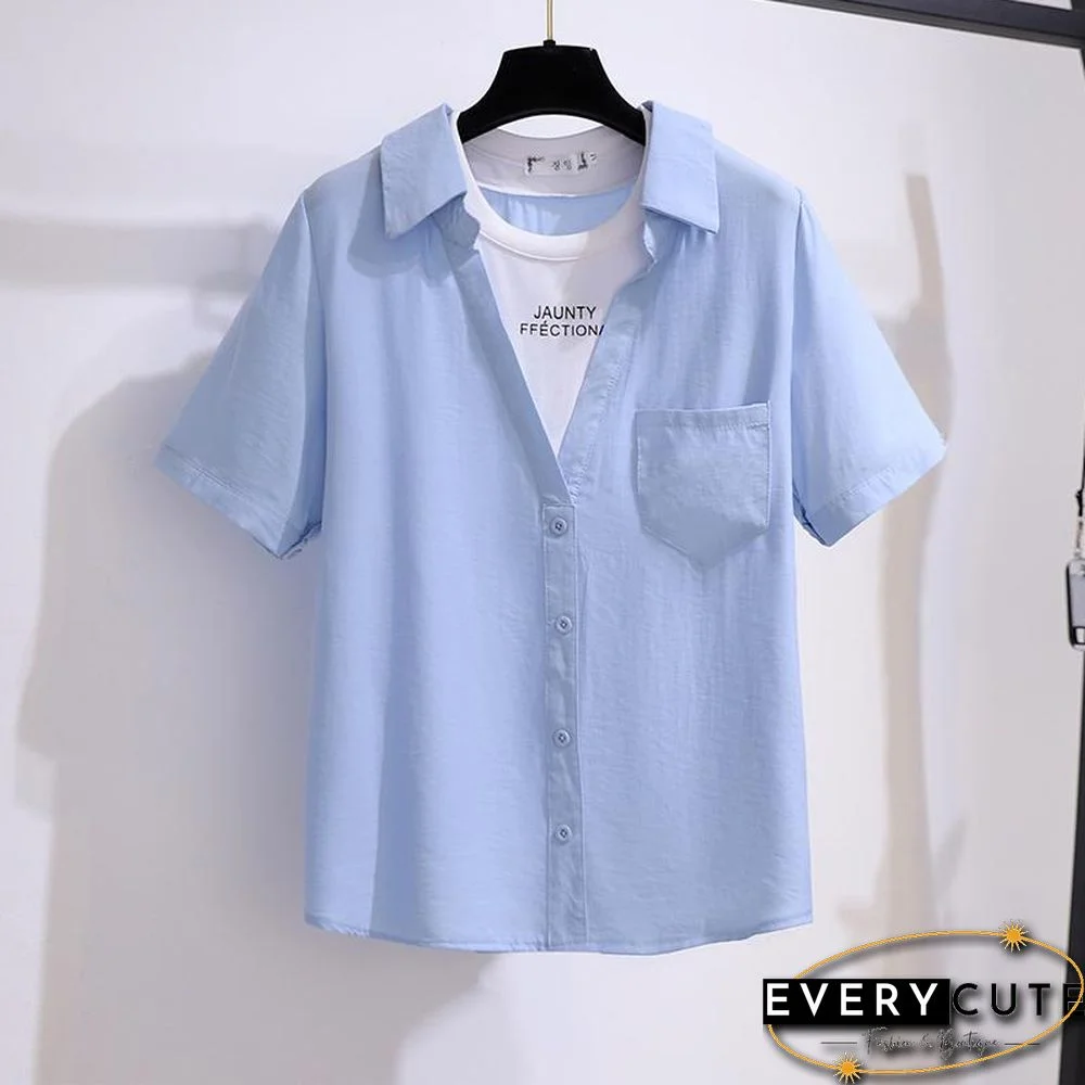 Patchwork Blouse+Hole Denim Shorts P13860