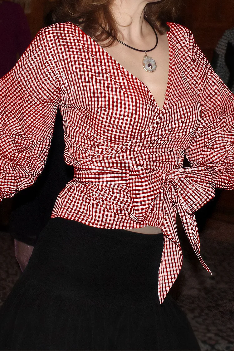 Plaid Print Ruched Puff Sleeve Tie Up Bow Cinch Waist V Neck Top-Red