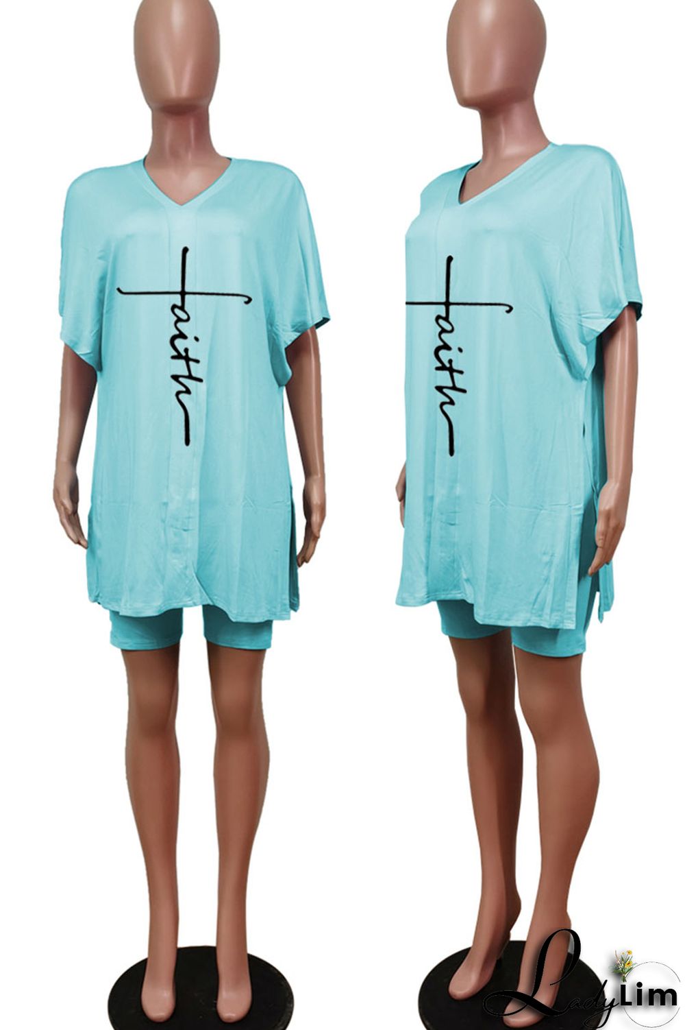 Tangerine Red Casual Print Split Joint V Neck Short Sleeve Two Pieces