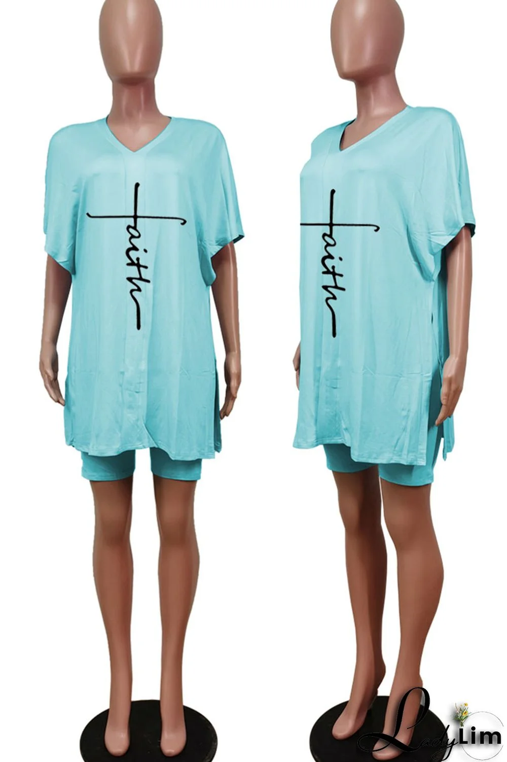 Tangerine Red Casual Print Split Joint V Neck Short Sleeve Two Pieces