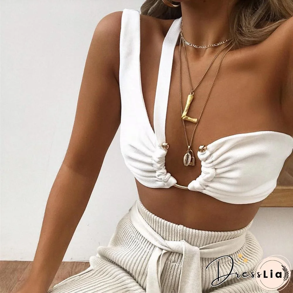 Women's Solid Color Camisole Metal Decorative Tube Top Single Shoulder Strap Vest Sexy Summer Hot Women's Clothing