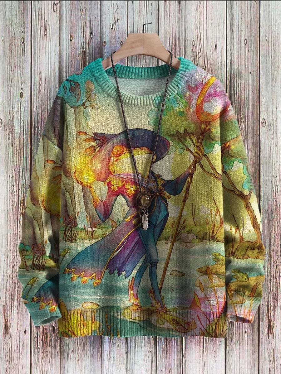 Halloween Cute Wizard Frog Magic Art Pattern Print Casual Knit Pullover Sweatshirt