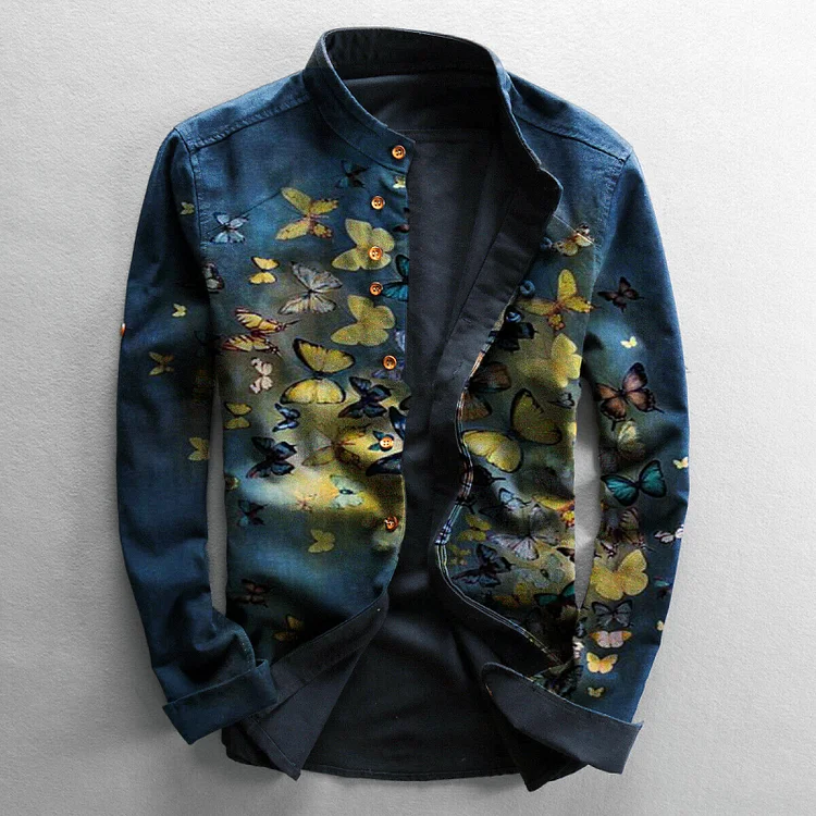 Men's casual retro butterfly print button shirt