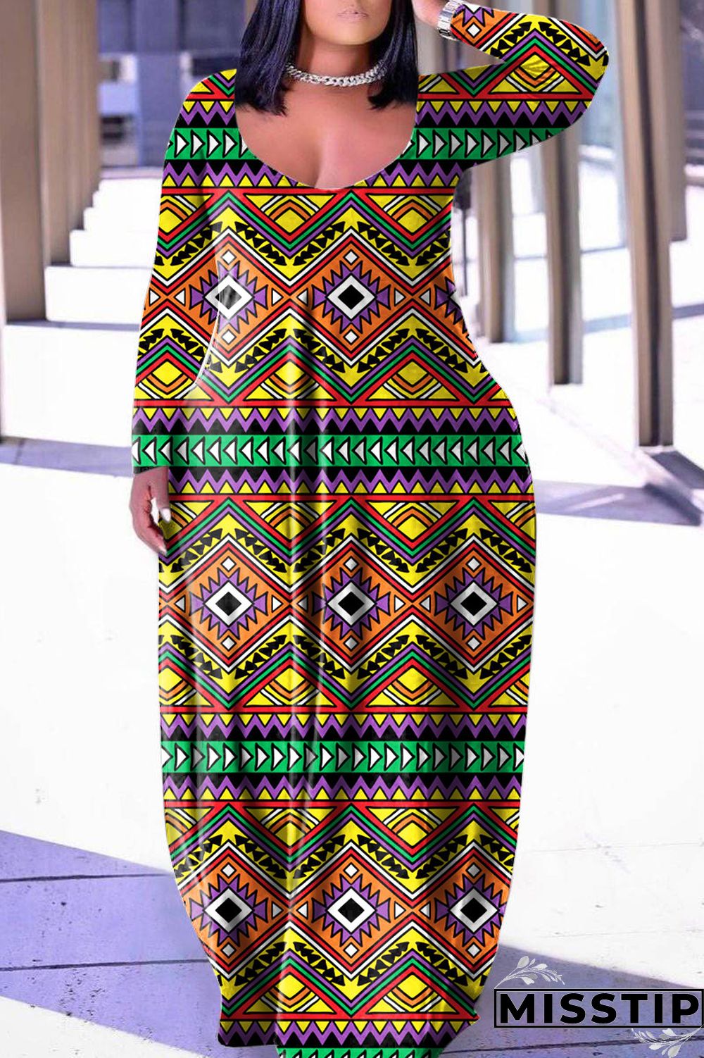 Grey Casual Print Basic V Neck Long Sleeve Dresses