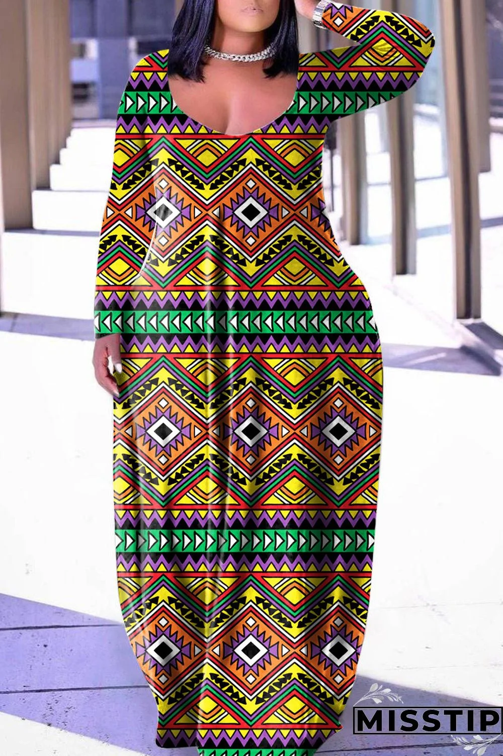 Grey Casual Print Basic V Neck Long Sleeve Dresses