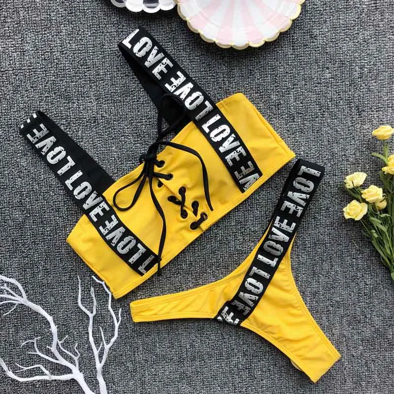 Sexy Letter Brazilian Bikini 2021 New Mujer Swimwear Women Swimsuit Halter Push Up Bathing Suit Beach Wear Thong Biquini 3722