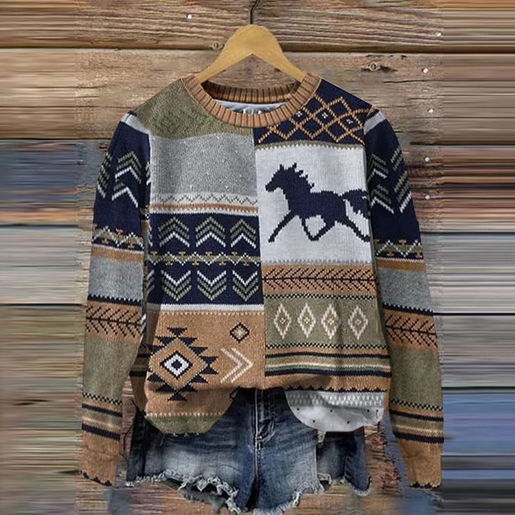 Comstylish Western Horse Print Knitted Pullover Sweater
