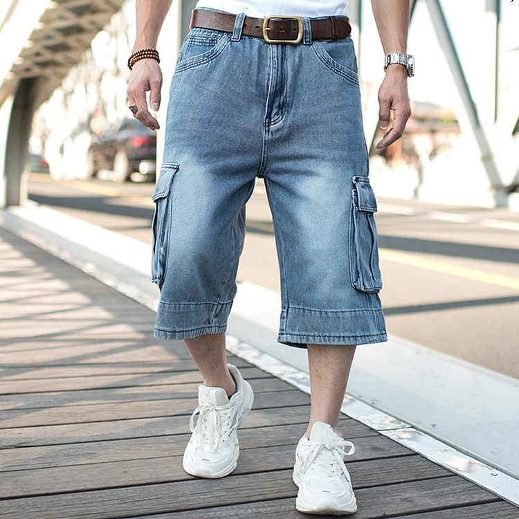 Vintage Wide-Leg Denim Velcro Pockets Rolled Cropped Pants
