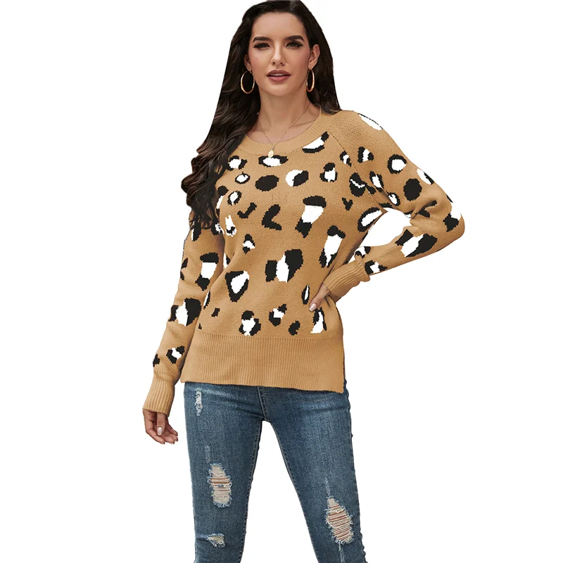 Khaki Leopard Print Side Slit Pullover Sweater