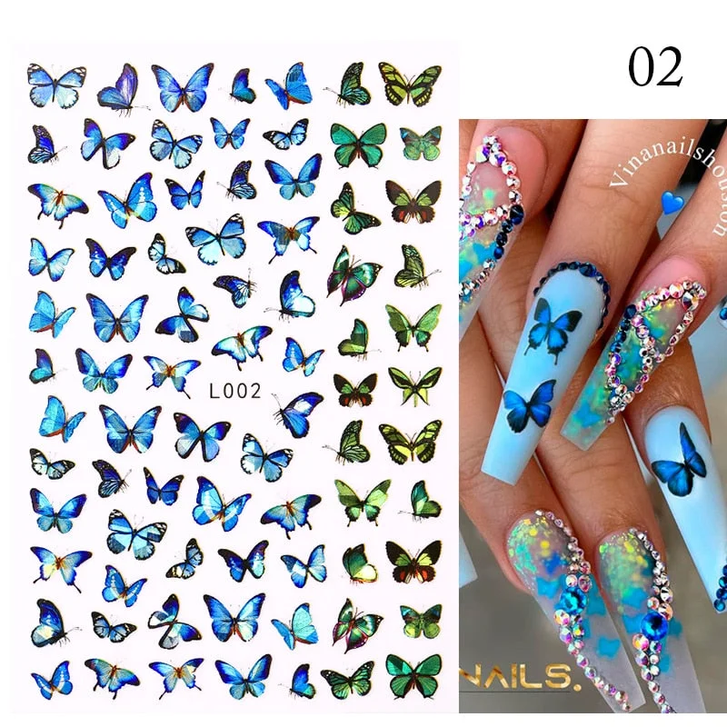 1 Sheet Laser Butterfly Gold Silver Black White 3D Nail Stickers Butterflies Heart Nail Decals Slider DIY Nail Art Decotaion-Nail Inspo