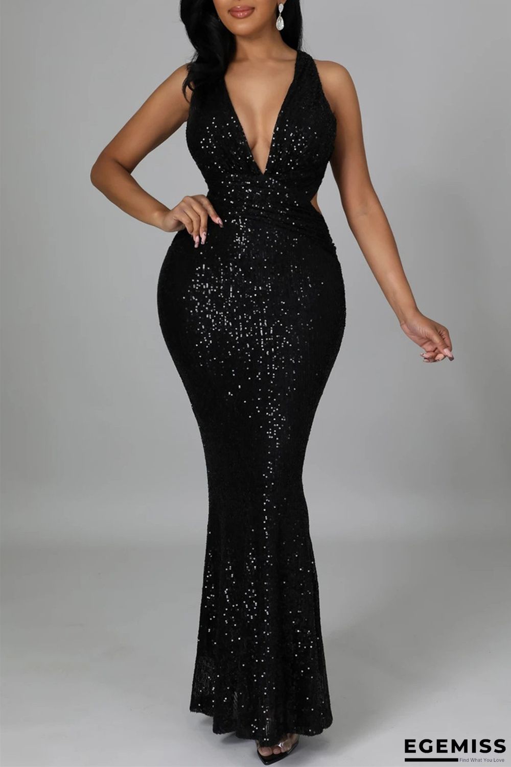 Black Fashion Sexy Patchwork Sequins Backless V Neck Evening Dress | EGEMISS