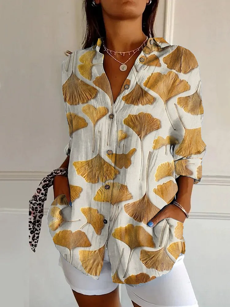 Japanese Art Ginkgo Leaf Print Casual Long Sleeve Shirt