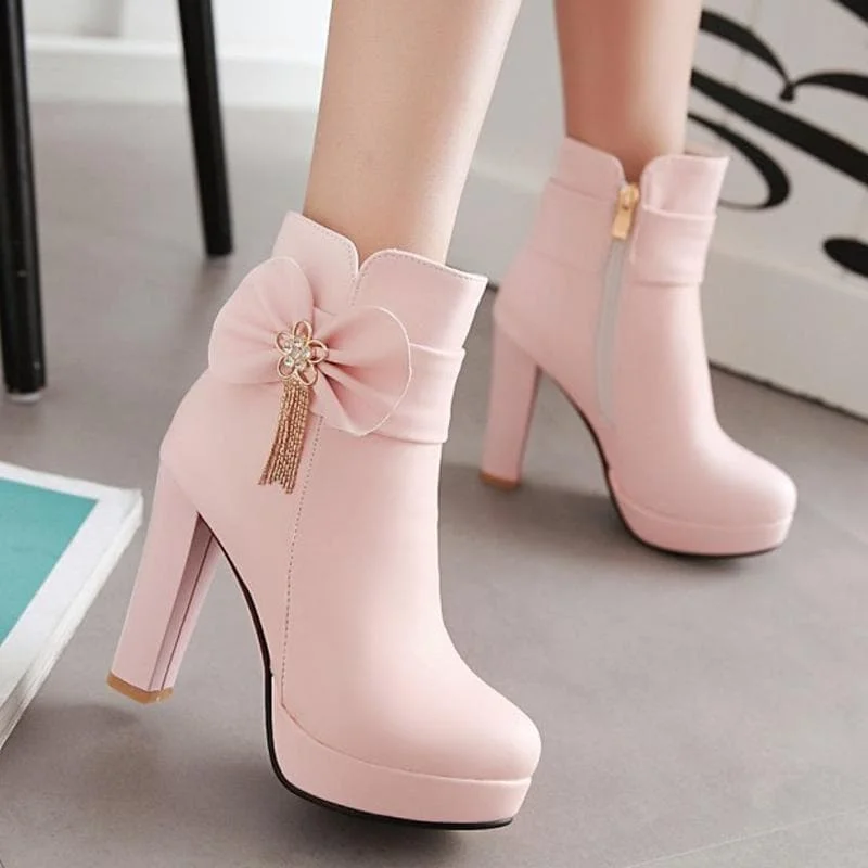 White/Pink/Black Pastel Bow High Heel Boots SP1710861