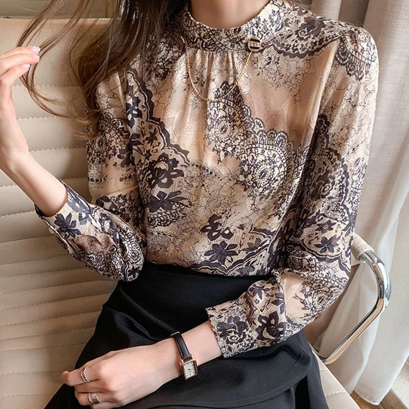 New Elegant Floral Blouse Women Casual Plus Size Stand Collar Female Shirts Long Sleeve Printing Ladies Clothing Blusas 13089