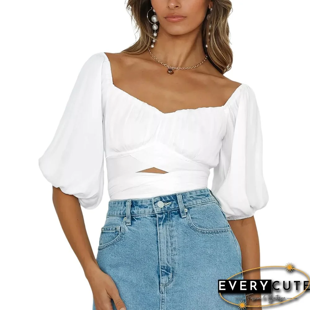 White Hollow-out Off Shoulder Crop Tops