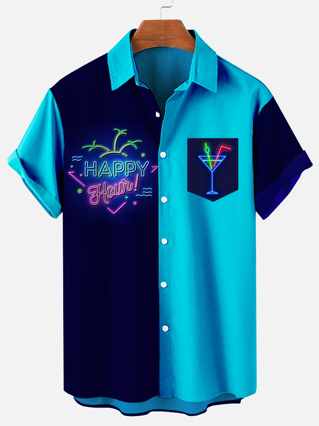 XLTMens Leisure Patchwork Contrast Color Cocktail Print Short Sleeves Shirt with Pockets PLUSCLOTHESMAN