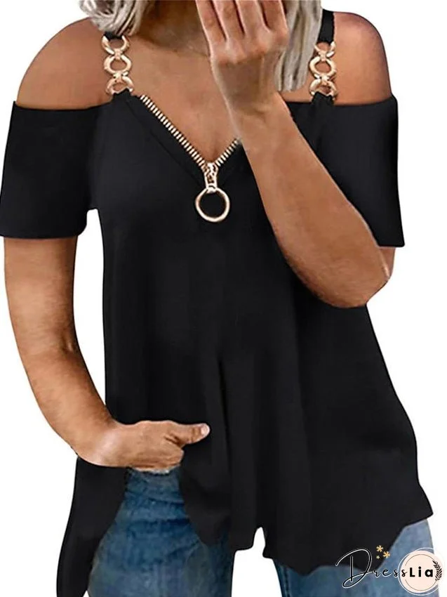 T shirt Tee Black White Pink Plain Zipper Cut Out Short Sleeve Daily Going out Basic Sexy One Shoulder Regular L for Women
