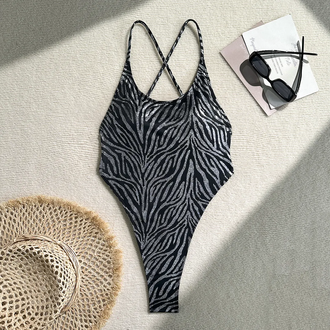 Brownm 2025 New Hot Zebra Pattern Sexy Bare Back Trousers Swimsuit Bikini