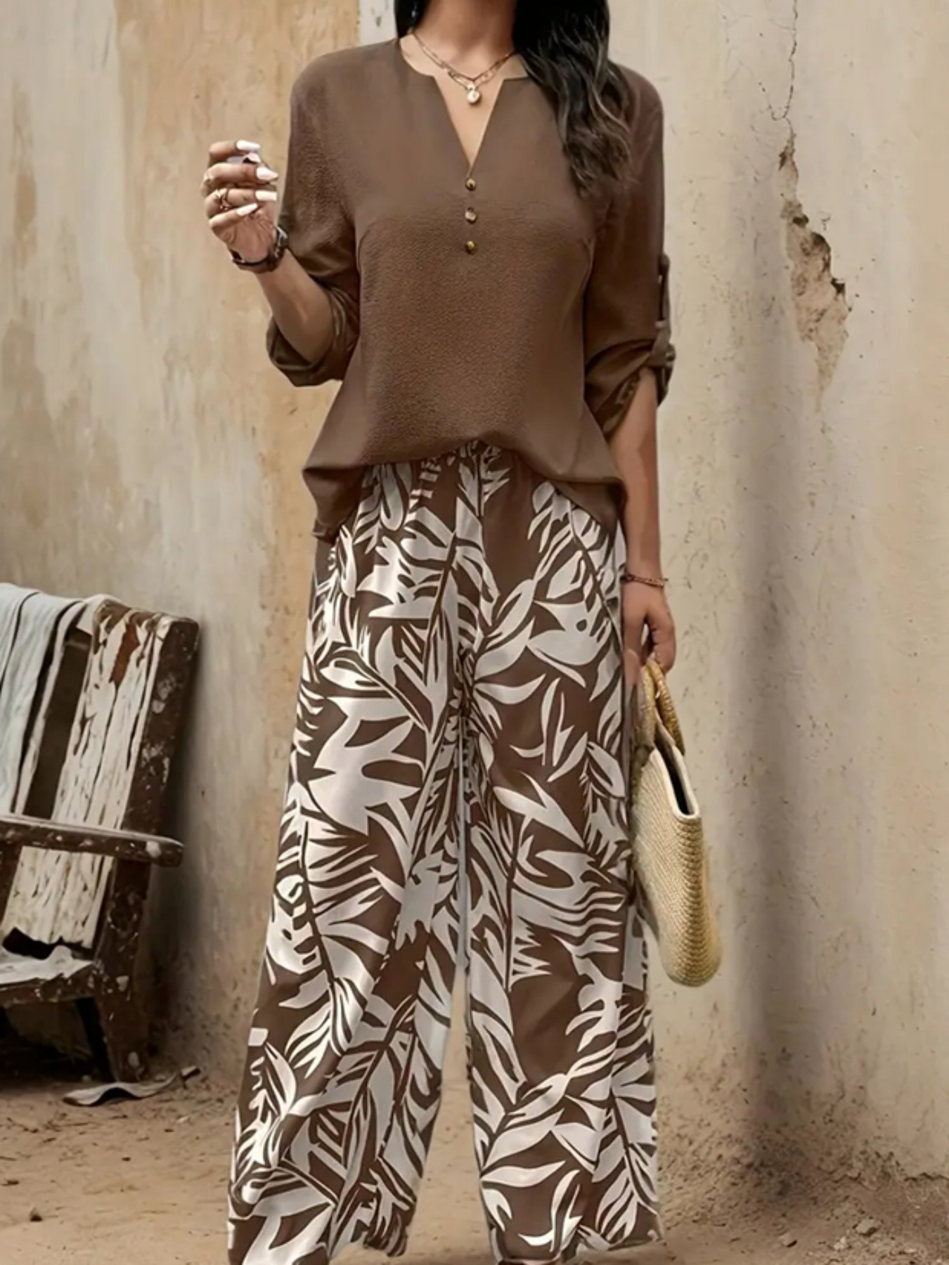 2025 Spring/Summer New Tropical Print Women's Casual Suit, Deep V-Neck With Button-Up, Stylish Choice Showing Natural Charm | IFYHOME