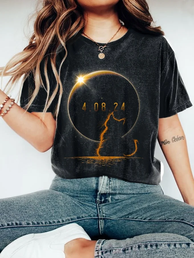 Women's Cat Total Solar Eclipse April 8,2024 Printed T-Shirt