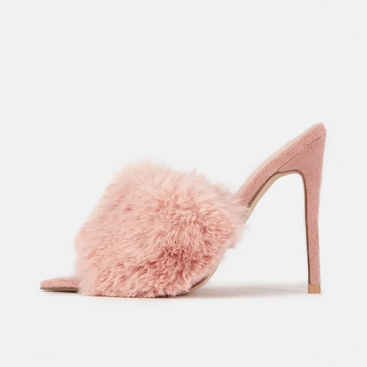 Pink Peep Toe Stiletto Heel Faux Fur Trending Mules Shoes |FSJ Shoes