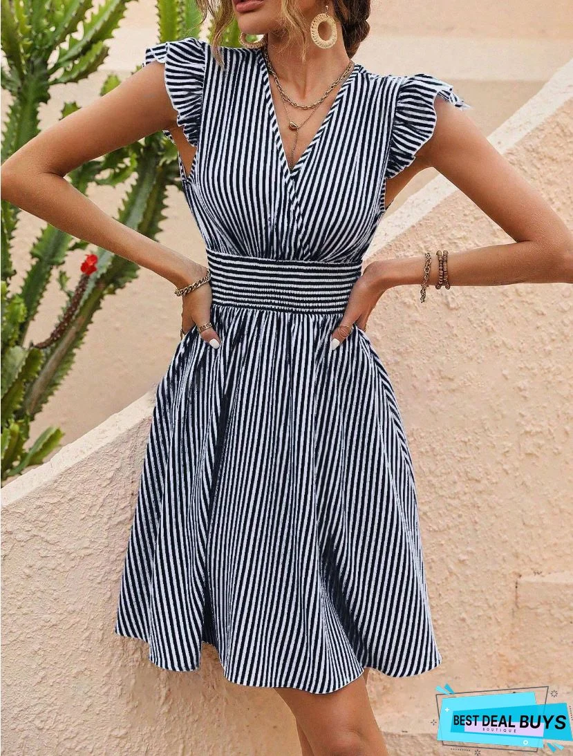 Fashion Striped Shoulder Short Sleeve Dress