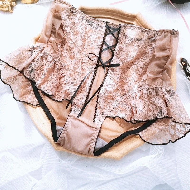 Billionm New Plus Size Ladies Sweet Cross Bowknot Girly Underwear Lolita Kawaii Palace Ruffled Sexy Lace Thin High-waist Panties