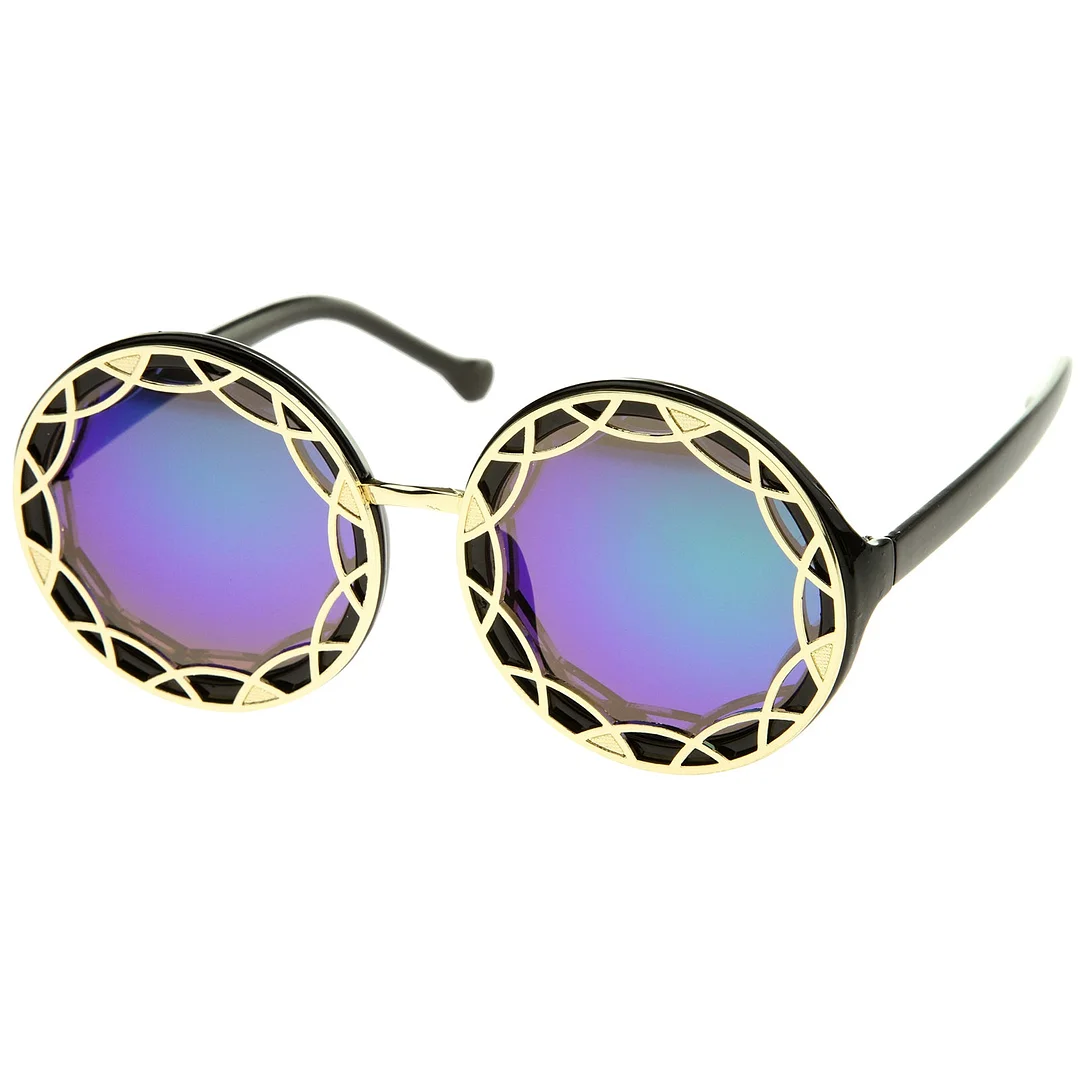 Women's Oversize Ornate Flat Pattern Color Mirror Lens Round glasses 55mm