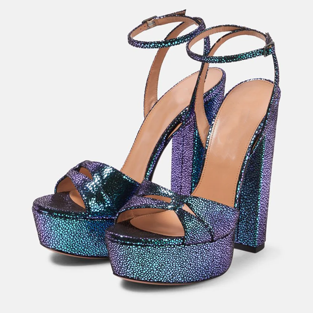 Blue Glitter Opened Toe Ankle Strappy Platform Sandals With Chunky Heels Nicepairs