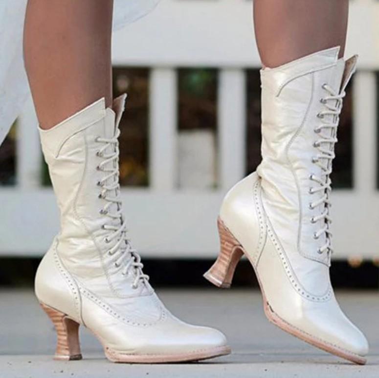 Women elegant wine cup heeled elegant mid calf front-lace boots for wedding dress