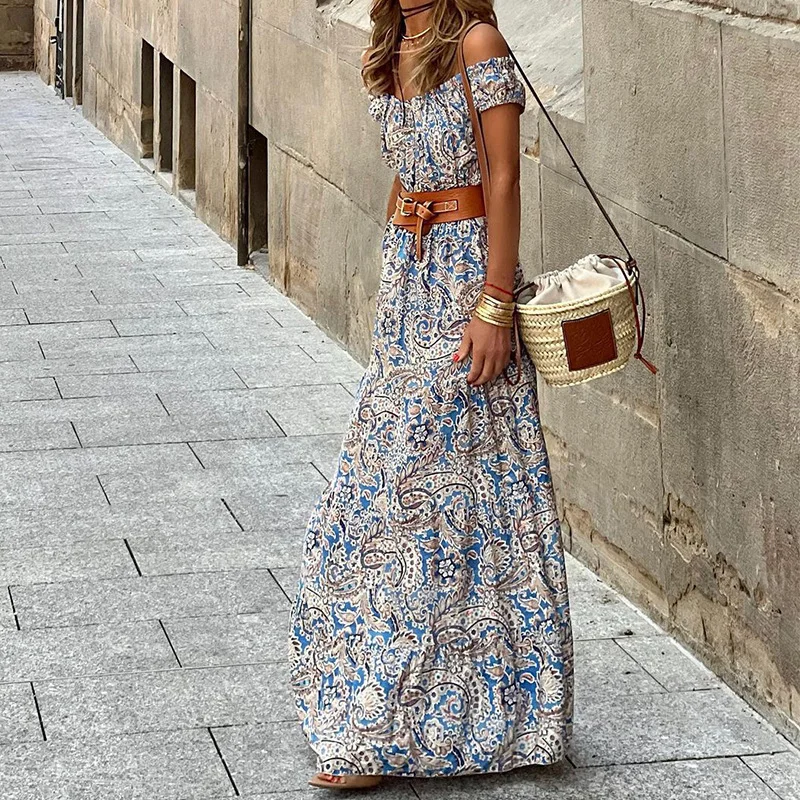Toloer Toloer Spot 2023 Early Autumn New Women's Fashion One-Line Collar Short-Sleeved Bohemian Dress-Outfit Ideas